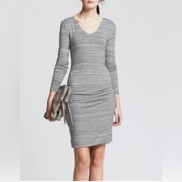 BANANA REPUBLIC Dress Body Con Midi Ruched V-Neck Long Sleeves - Picture 1 of 14